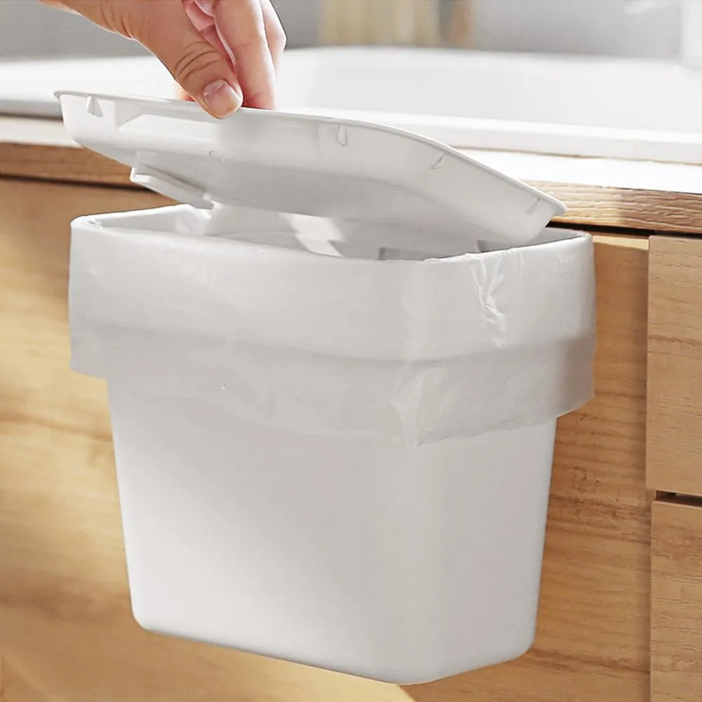 0.8 Gallon Hanging Small Trash Can with Lid for Cupboard/Bathroom/Bedroom/Office/Camping, Mini Desk Trash Can with 150 Pcs Trash Bags, White