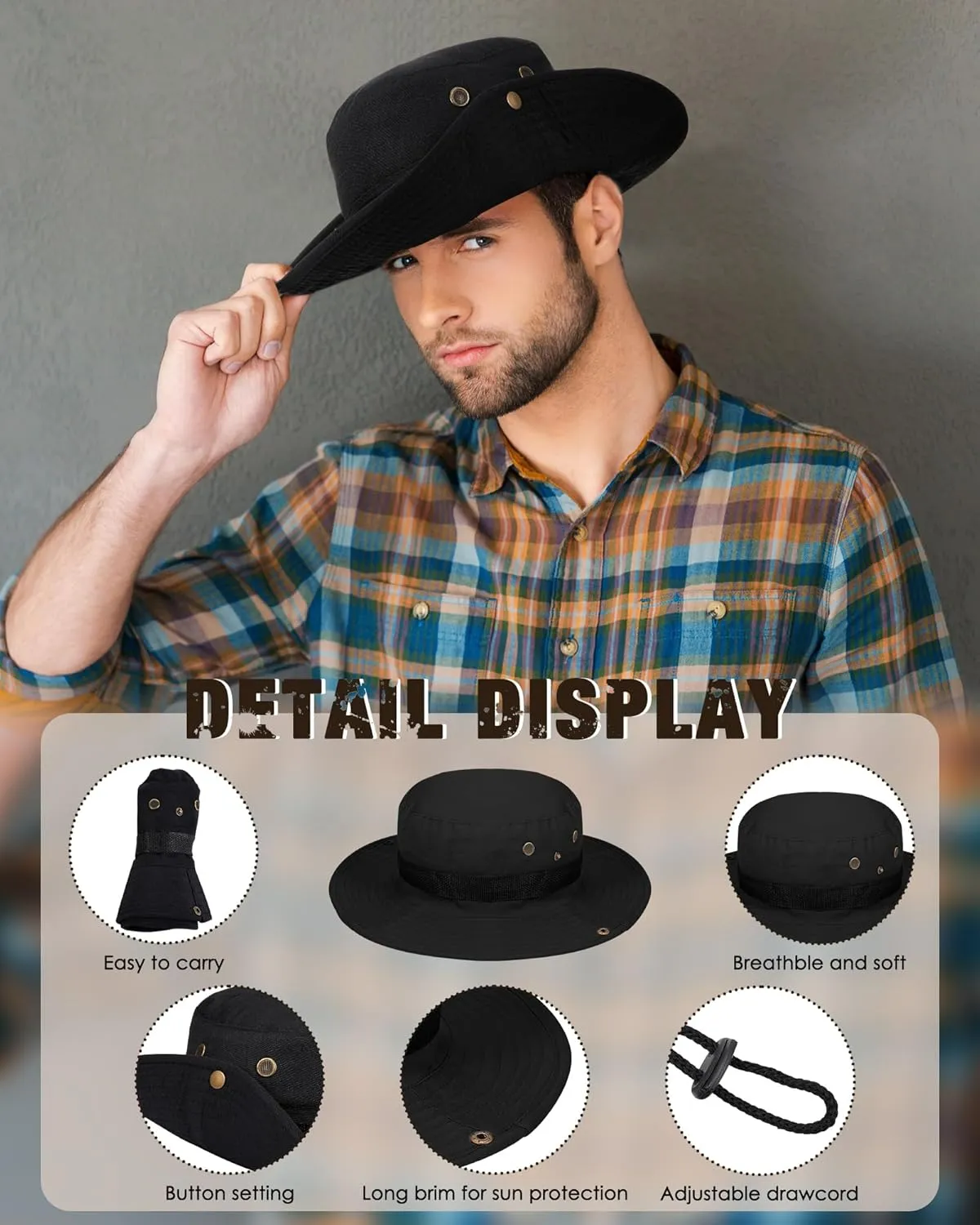 10 Pcs Wide Brim Boonie Hat Bucket Hats Camo Solid UV Sun Protection Fishing Hat for Men Women Hiking Safari Hunting
