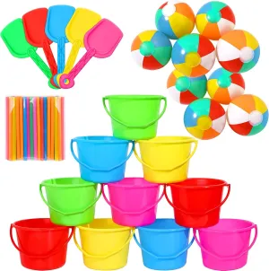 10 Sets Beach Pails Sand Buckets and Sand Shovels Set for Kids Include Plastic Buckets Beach Shovel Inflatable Ball for Summer Pool Water Birthday Party Supplies