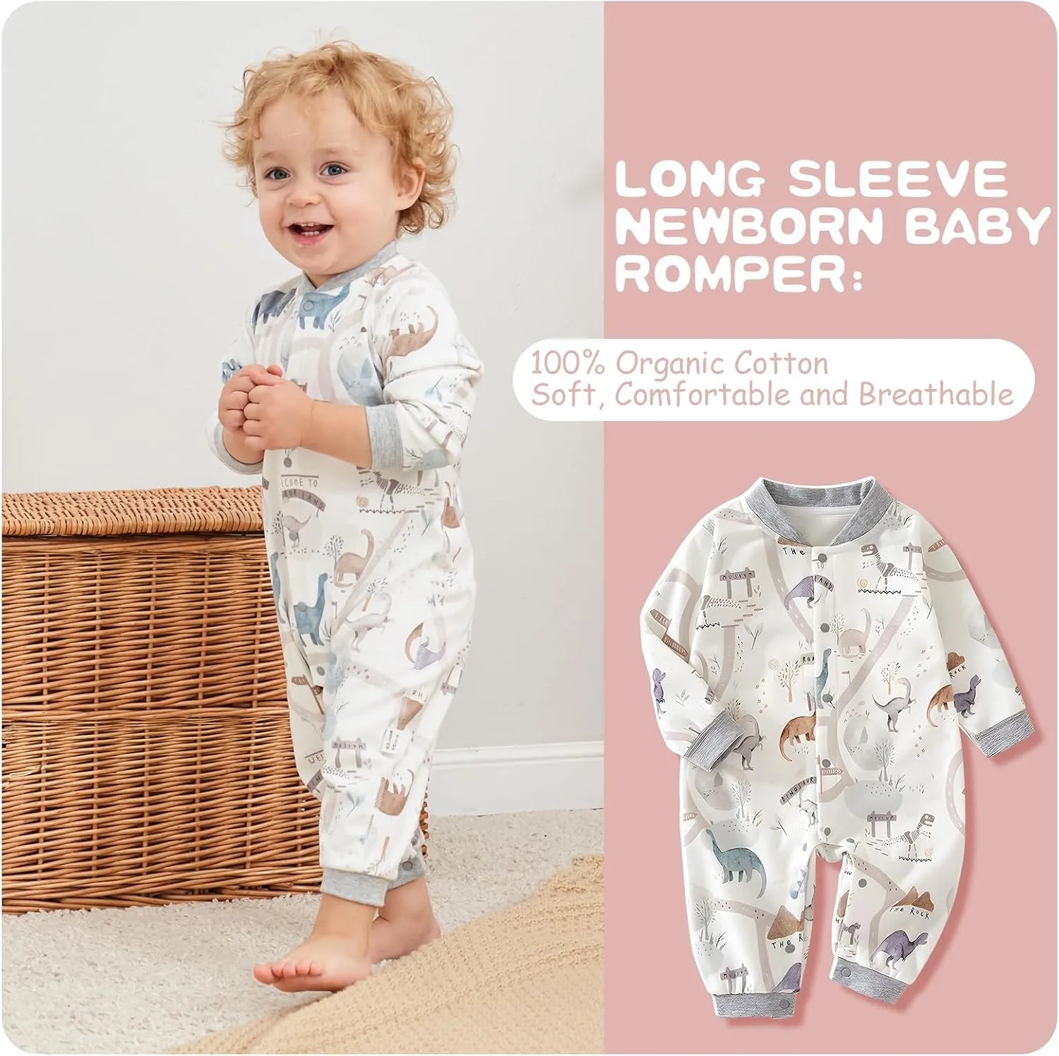 100% Organic Cotton Soft Baby Romper Jumpsuits for Boys and Girls Unisex, Long Sleeve, 0-24 Months