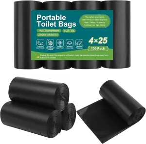 100 Portable Toilet Bags, Drawstring Biodegradable Camping Potty Bags 8 Gallon Waste Bags for 5-8 Gallon Bucket Toilet Adults Outdoor Camping Car