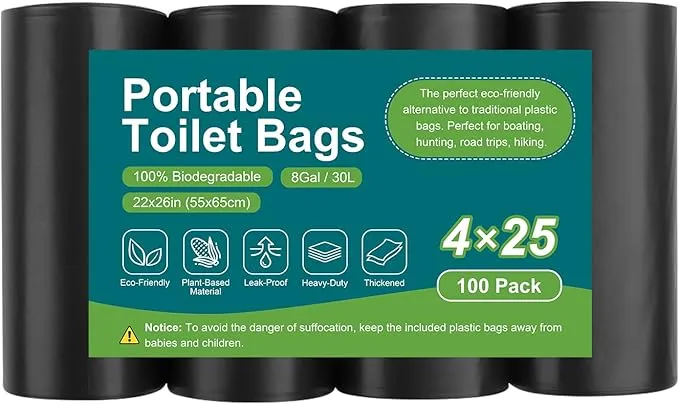 100 Portable Toilet Bags, Drawstring Biodegradable Camping Potty Bags 8 Gallon Waste Bags for 5-8 Gallon Bucket Toilet Adults Outdoor Camping Car