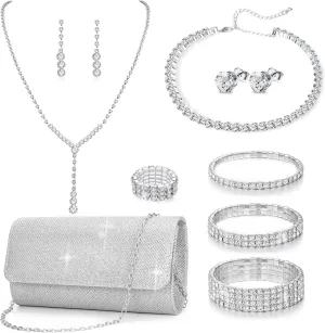 11 Pcs Silver Clutch Purse Crystal Jewelry Set for Women Shiny Rhinestone Jewelry Accessories for Evening Party Bride Wedding