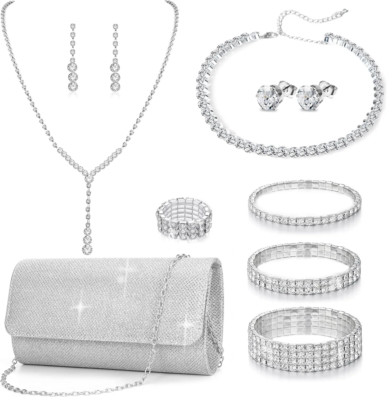 11 Pcs Silver Clutch Purse Crystal Jewelry Set for Women Shiny Rhinestone Jewelry Accessories for Evening Party Bride Wedding