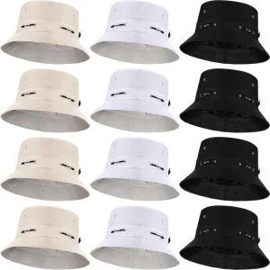 12 Pcs Bucket Hat Summer Adjustable UV Protection Hat Bulk Wide Brim with Strings for Beach Camping Hiking