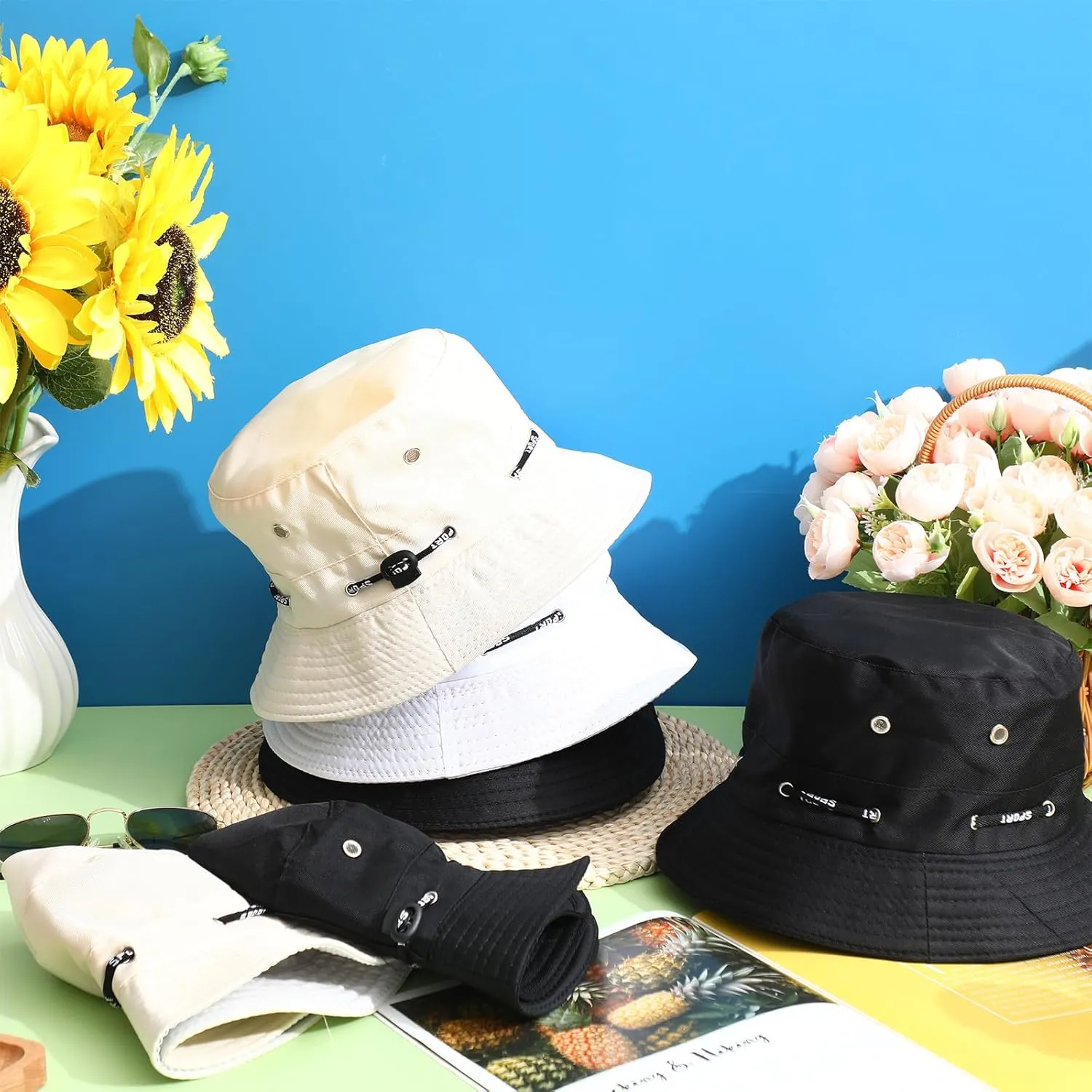 12 Pcs Bucket Hat Summer Adjustable UV Protection Hat Bulk Wide Brim with Strings for Beach Camping Hiking