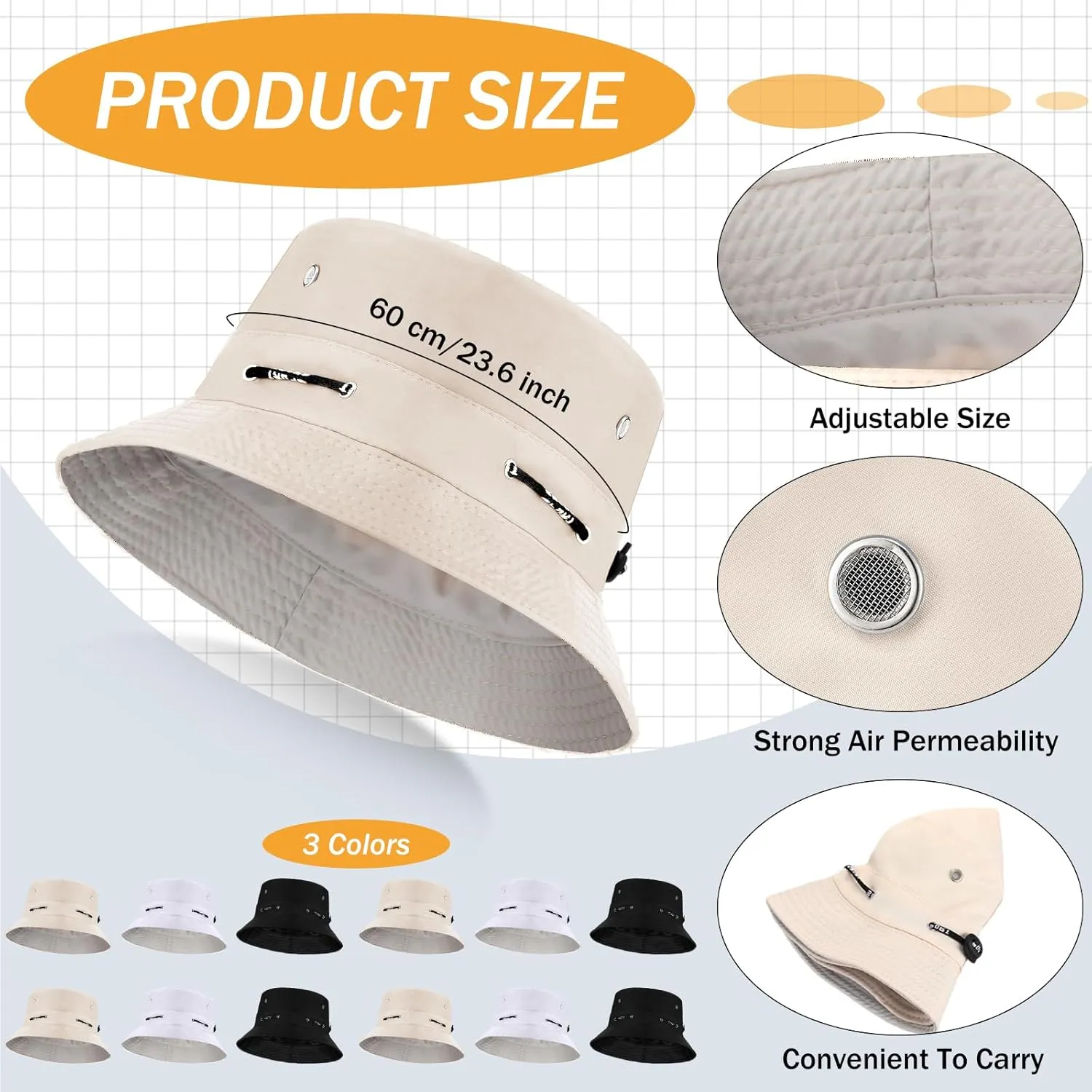 12 Pcs Bucket Hat Summer Adjustable UV Protection Hat Bulk Wide Brim with Strings for Beach Camping Hiking
