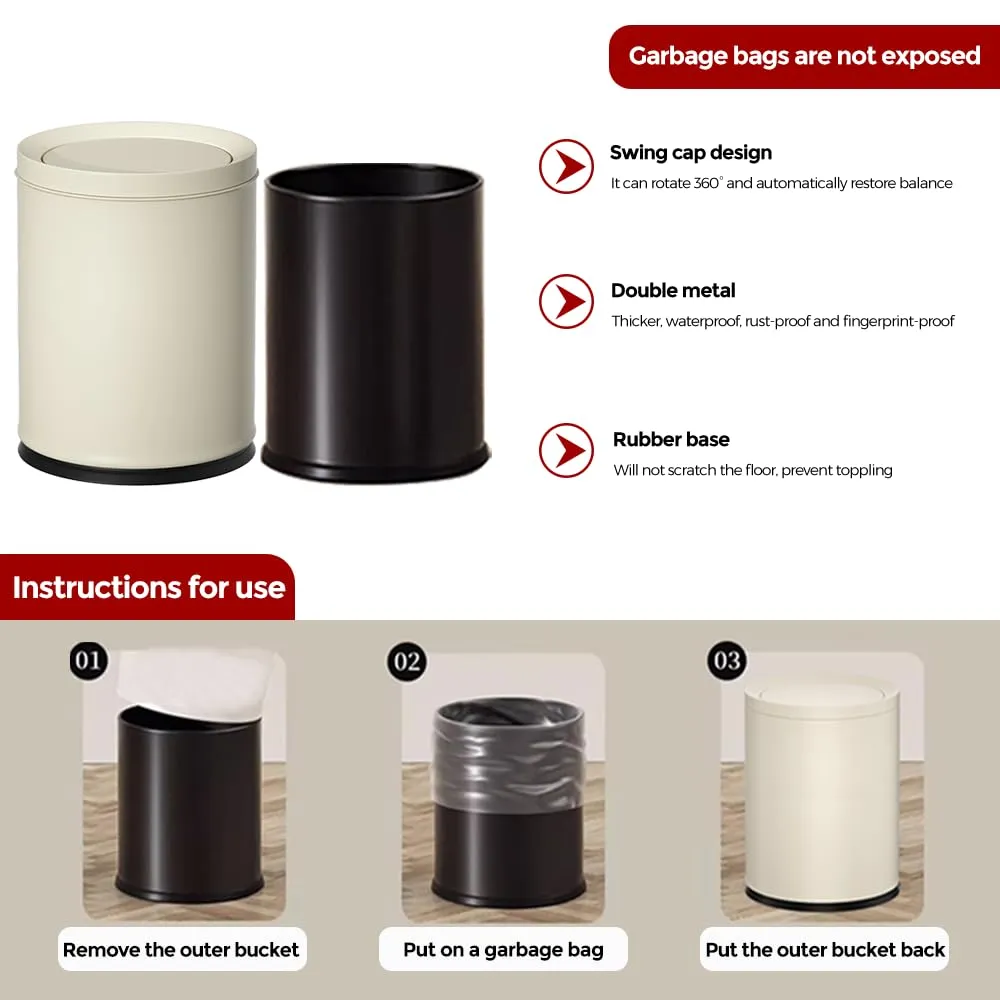 12L/3GAL White Metal Modern Garbage Bin with Lid, for Bathroom, Bedroom, Living Room, Office, Bank, Hotel