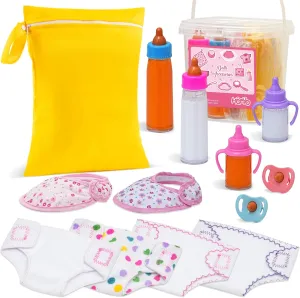 13 Pack Baby Doll Accessories, Disappearing Feeding and Caring Set with Diaper Bag, 2 Milk & Juice Bottles, 2 Toy Pacifier, 4 Diaper, 2 Bibs for 14-18 Inch Baby Dolls