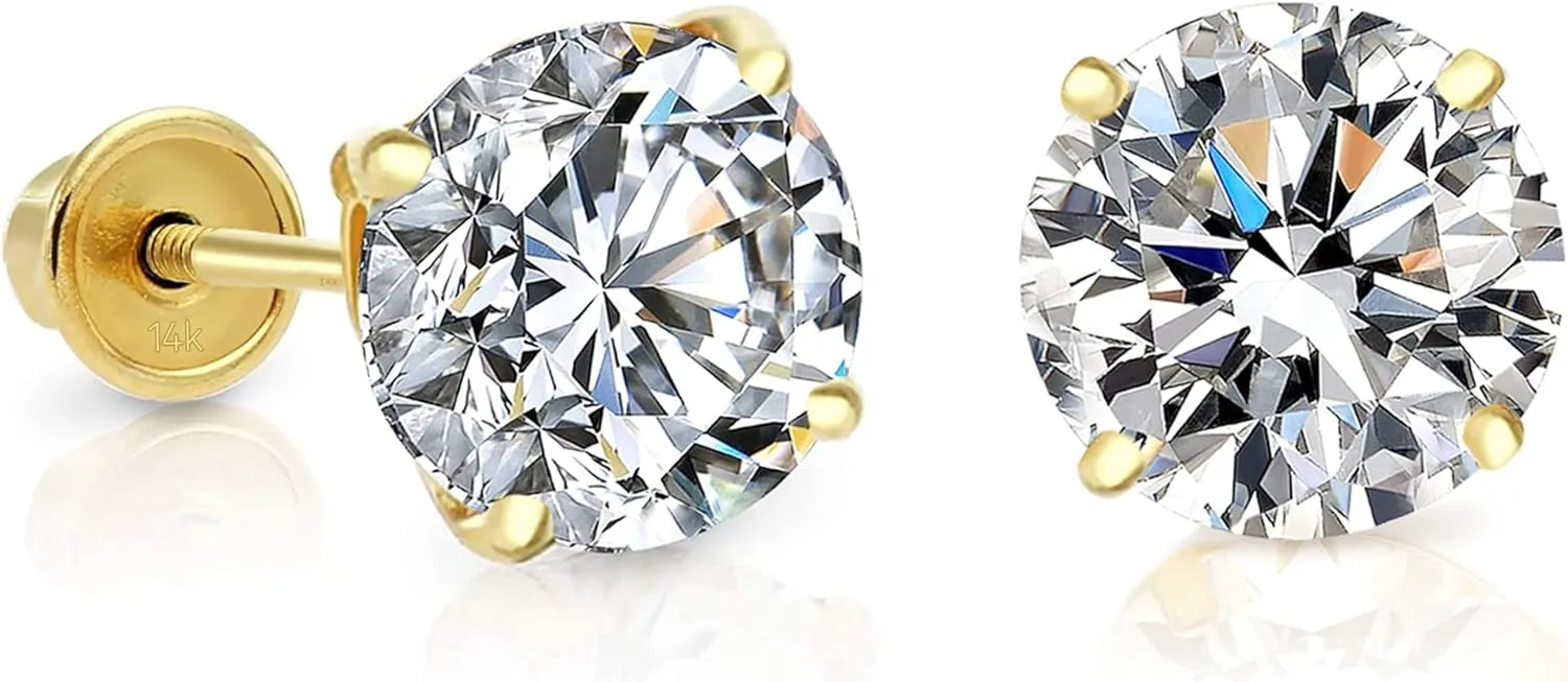 14k Yellow Gold Cubic Zirconia Stud Earrings with Screw Backs