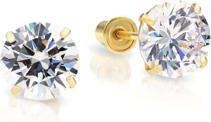14k Yellow Gold Cubic Zirconia Stud Earrings with Screw Backs