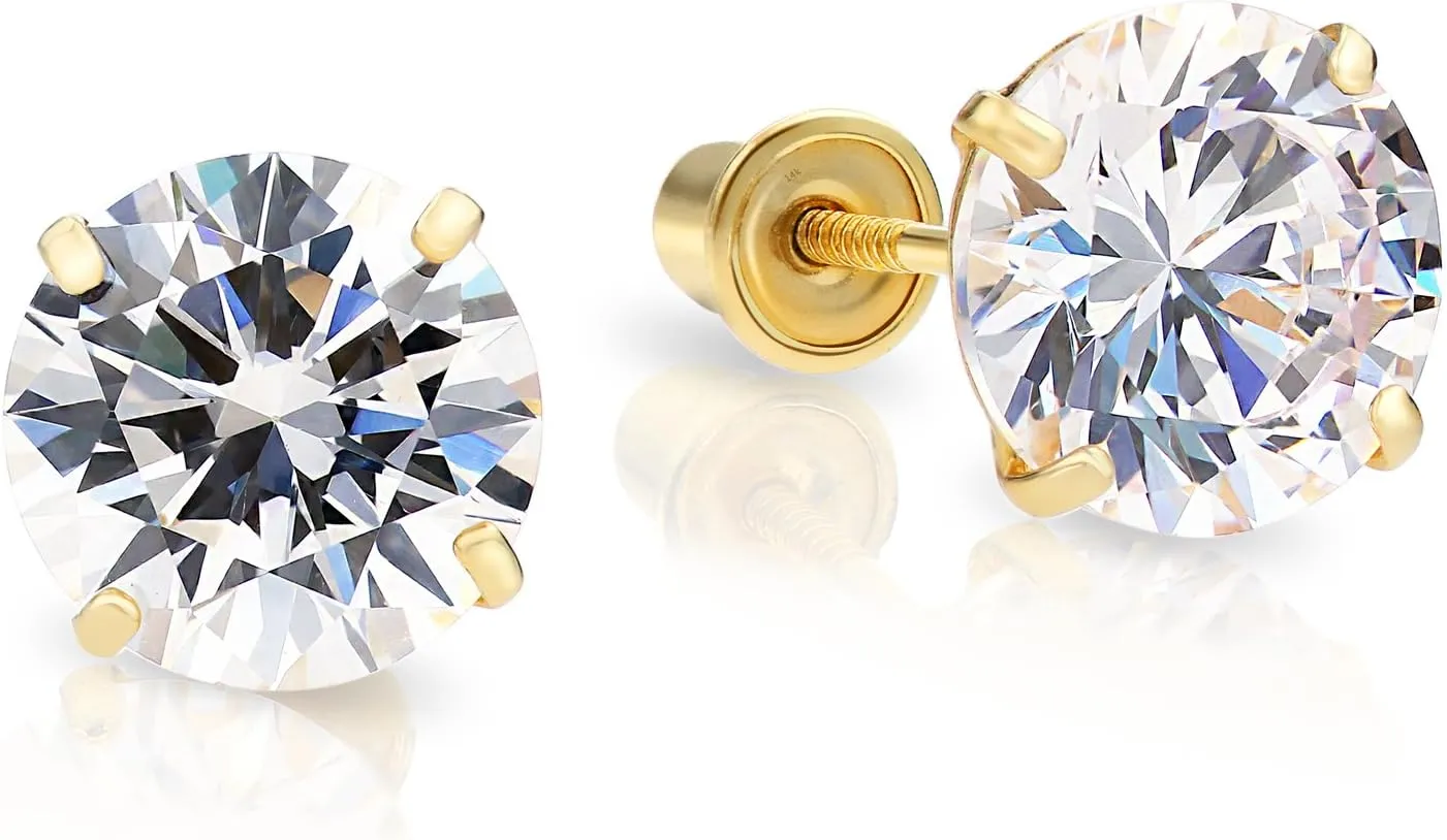 14k Yellow Gold Cubic Zirconia Stud Earrings with Screw Backs