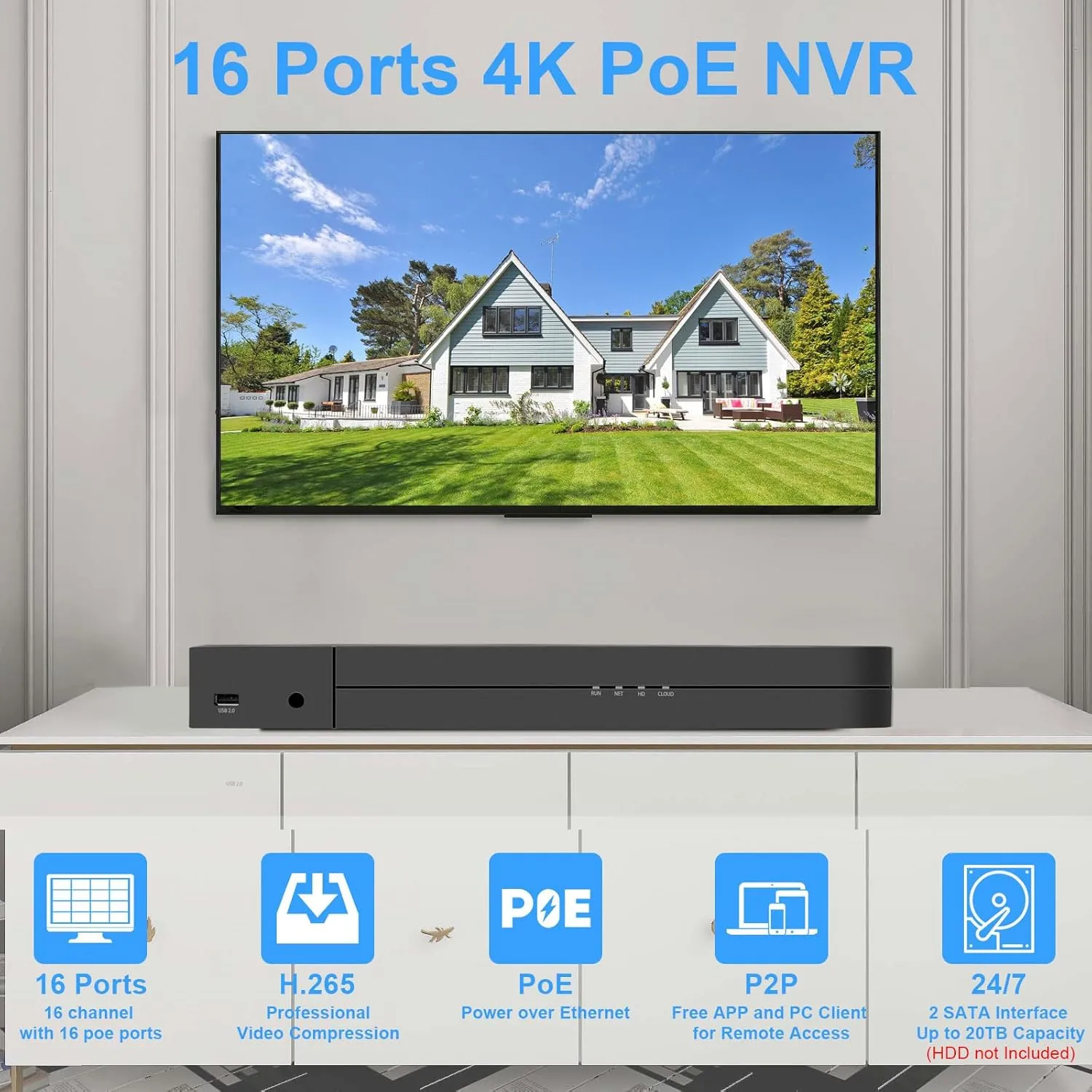 16 Channel 4K PoE Network Video Recorder NVR, 16 Port H.265 NVR Support 4K/2K/8MP/5MP/3MP/1080P PoE Camera, Remote Access, Motion Alarm, 24/7 Recording, Smart Playback, No Hard Disk Drive