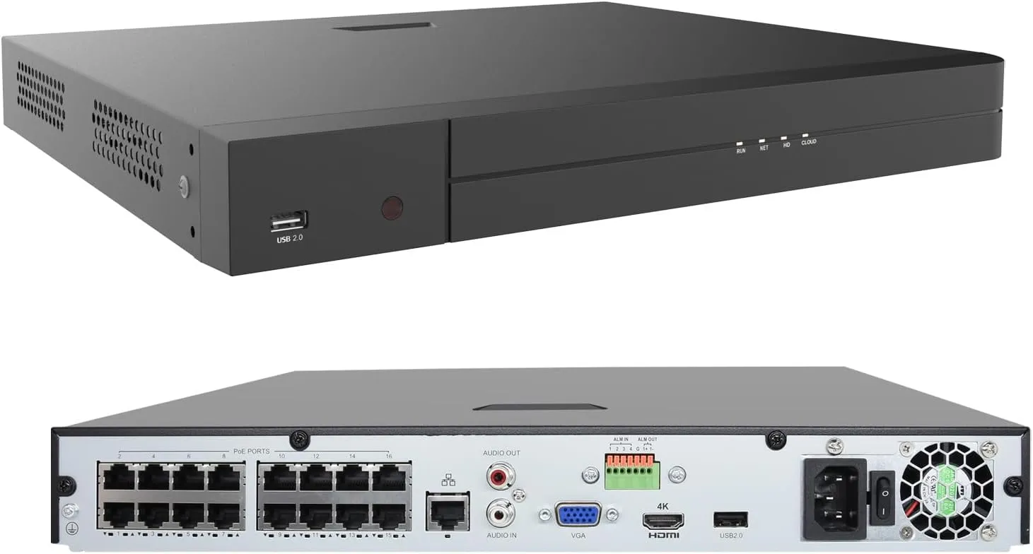 16 Channel 4K PoE Network Video Recorder NVR, 16 Port H.265 NVR Support 4K/2K/8MP/5MP/3MP/1080P PoE Camera, Remote Access, Motion Alarm, 24/7 Recording, Smart Playback, No Hard Disk Drive