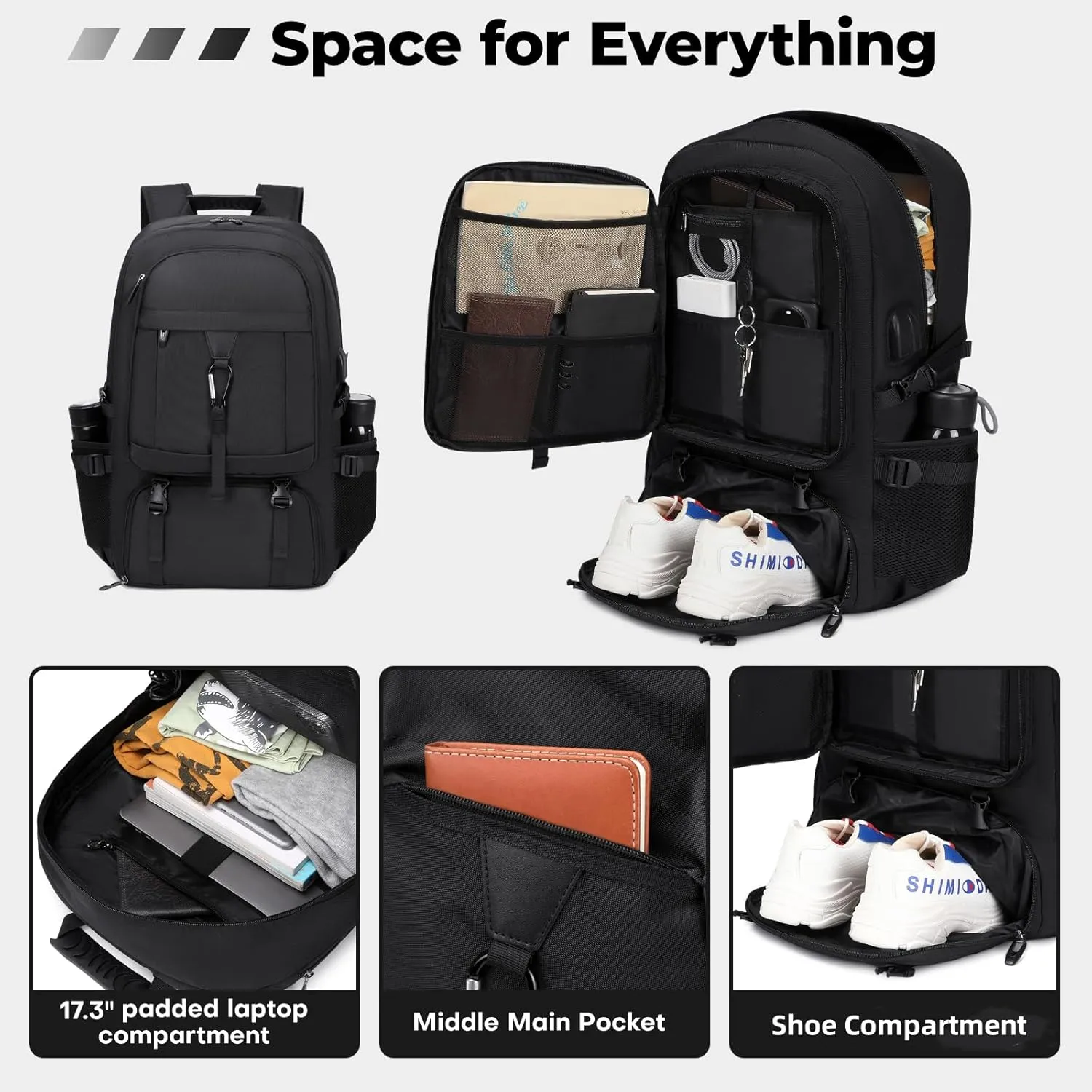 17.3 Inch gym backpack with shoe compartment,50L Multiple Compartments Backpacks, Airline Approved Carry on Travel Daypack Anti Theft with USB Charging Port,for Men Women Travel Work Business