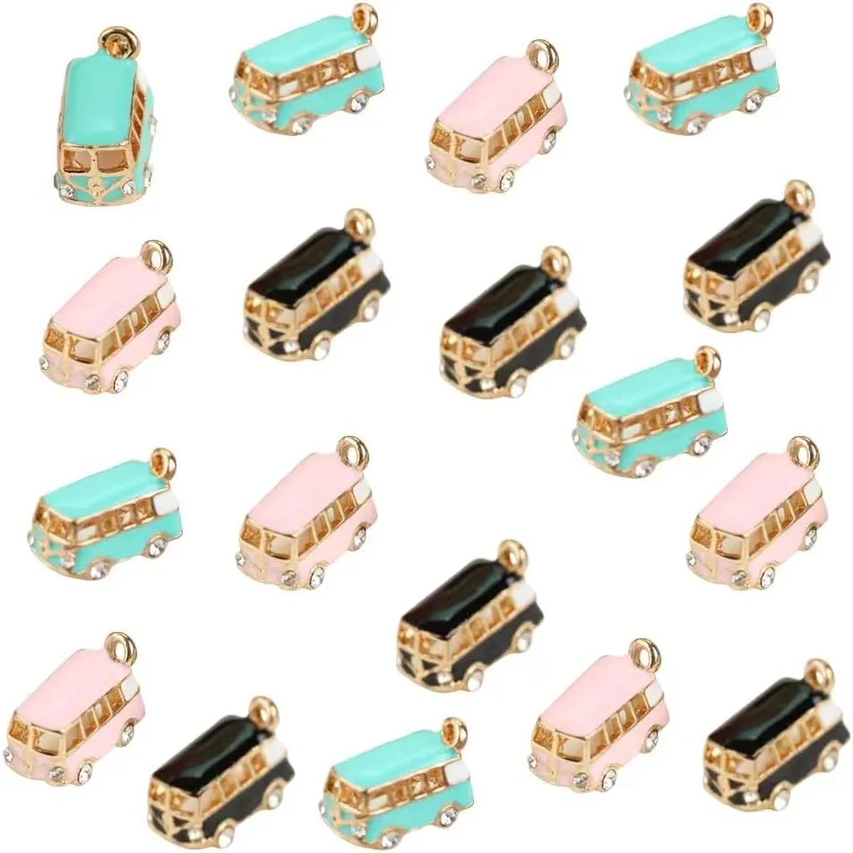 18pcs Enamel 3D Bus Charms Pendants With Crystal Rhinestone - Alloy School Mini Bus for DIY Crafts Jewelry Making Necklace Bracelet Earrings Keychains Handbags Decoration