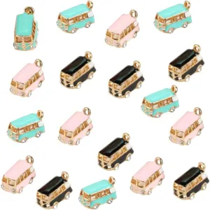 18pcs Enamel 3D Bus Charms Pendants With Crystal Rhinestone - Alloy School Mini Bus for DIY Crafts Jewelry Making Necklace Bracelet Earrings Keychains Handbags Decoration