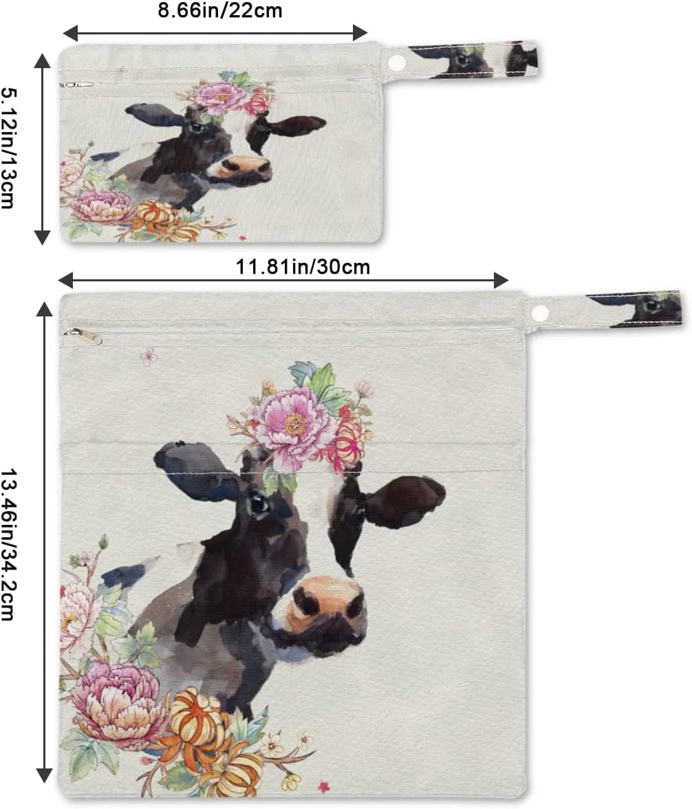 2 PCs Wet Dry Bag Watercolor Cow Sunflower Pattern Diaper Bag Wet Swimsuit Bag Waterproof Cloth Wet Bag Reusable Diapers for Toiletries Travel Beach Pool Stroller Gym