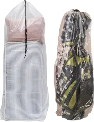 2 PCs/pack Drawstring Plastic Dust Cover Bags,Transparent Storage Bags with multi-purpose for Home Organization, suitable for luggage, blanket, big doll, duvet and reusable (Golf Bag & Mattress Bag)