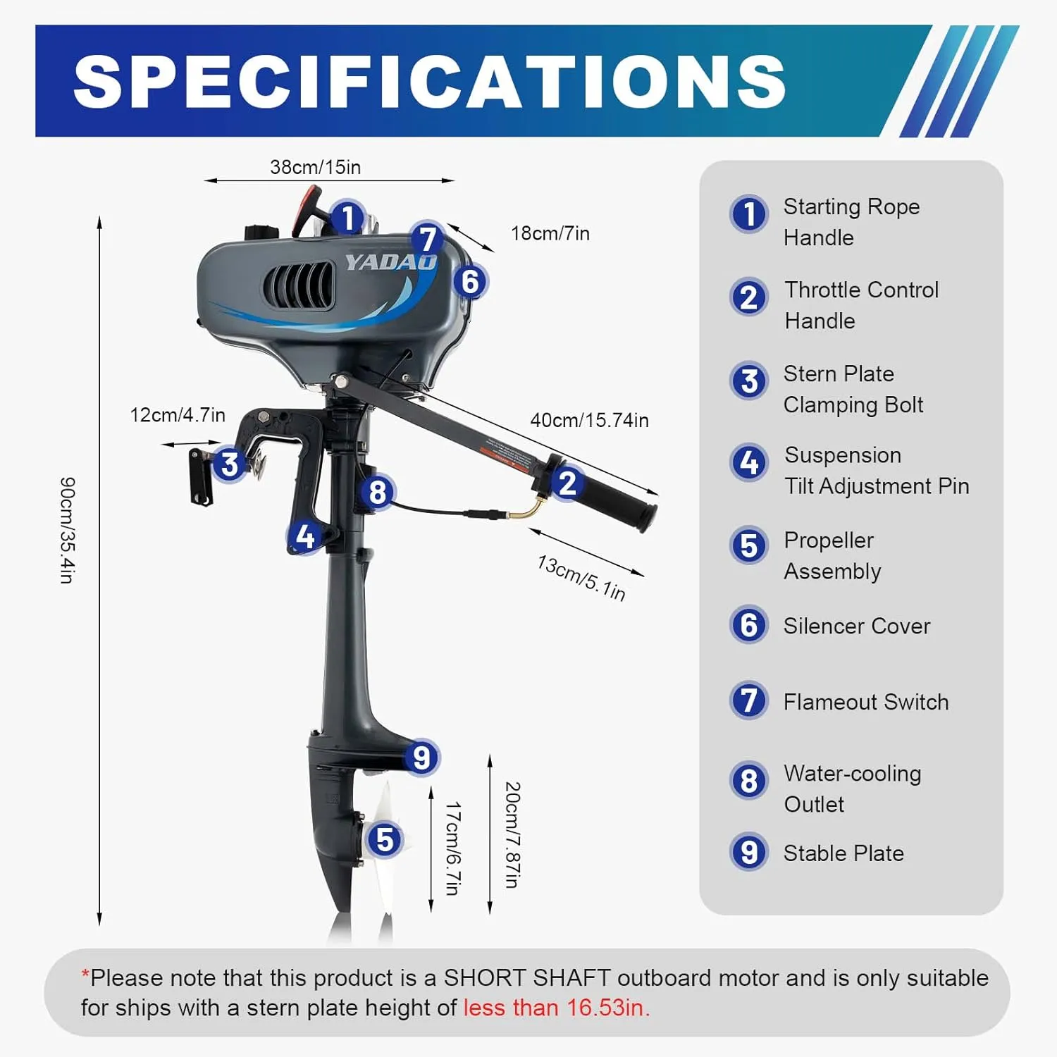2-Stroke 3.5HP Outboard Motor, 49CC Gas Powered Fishing Marine Heavy Duty Boat Engine, Short Shaft Tiller Control Half Water-cooling Air-cooling CDI Ignition System for Inflatable Yachts Canoes Boat