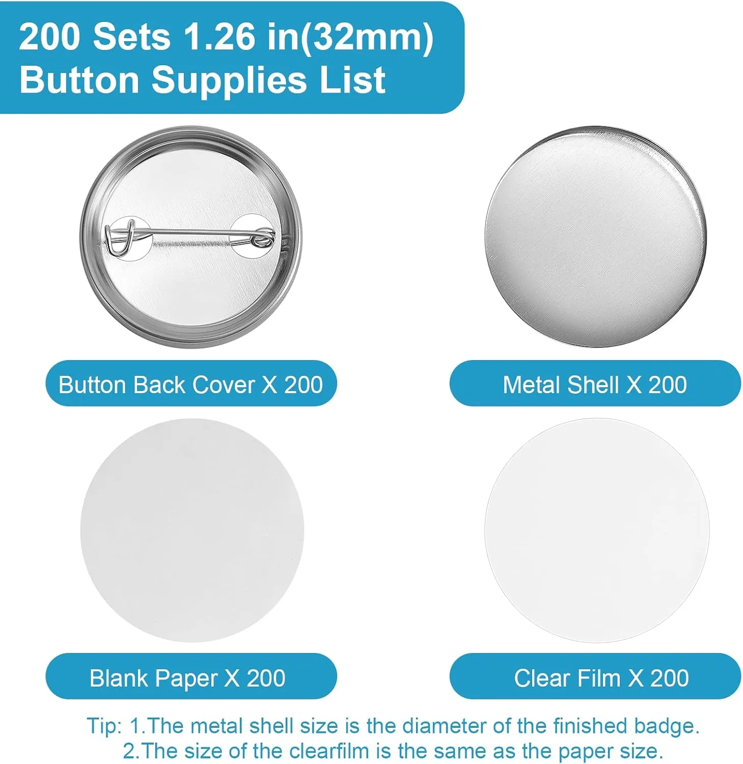 200Set 1.26 Inch Button Maker Supplies, 32mm Button Supplies Button Parts, Approx. 1.25 Inch Metal Blank Button Badge Parts with Blank Paper for Button Maker Machine Pin Maker Button Press