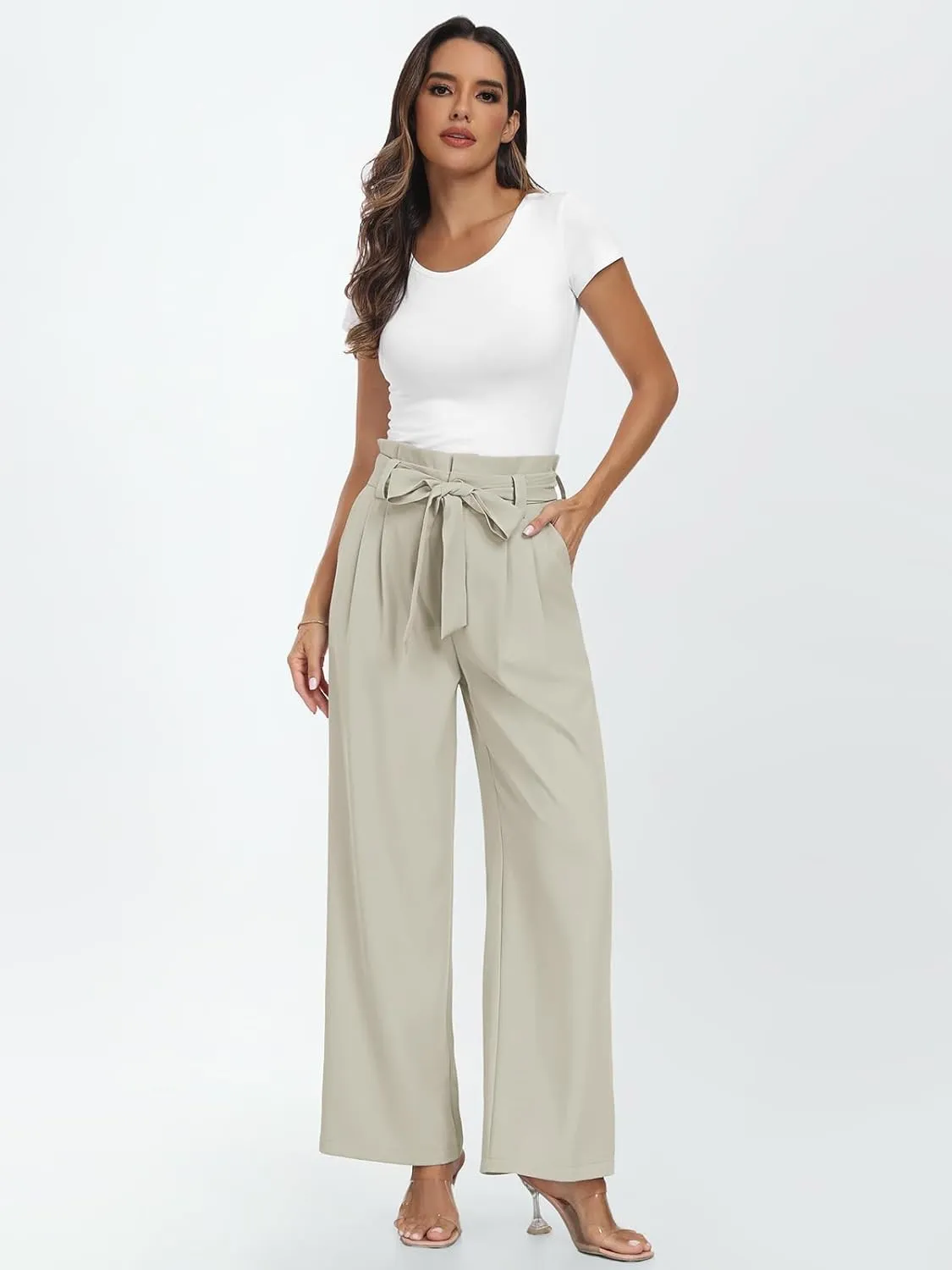 2024 Women's Wide Leg Pants Paperbag High Waisted Business Work Casual Trousers with Removable Belt