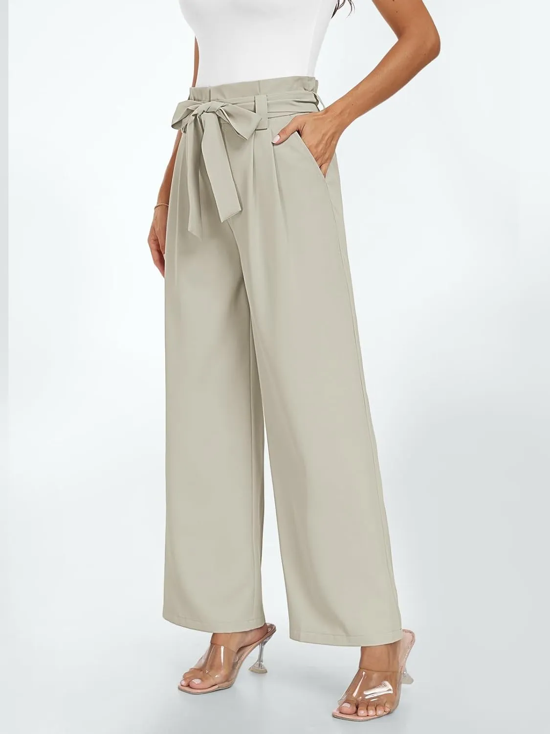 2024 Women's Wide Leg Pants Paperbag High Waisted Business Work Casual Trousers with Removable Belt