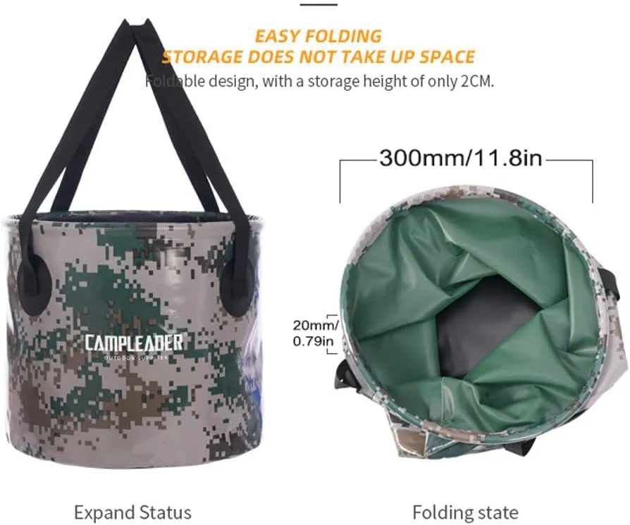 20L Collapsible Fishing Bucket, Leak Proof, Food Grade PVC, Portable Outdoor Basin, Travel and Camping Essential for Hiking, Road Trips and Outdoor Activities (Jungle Camo)