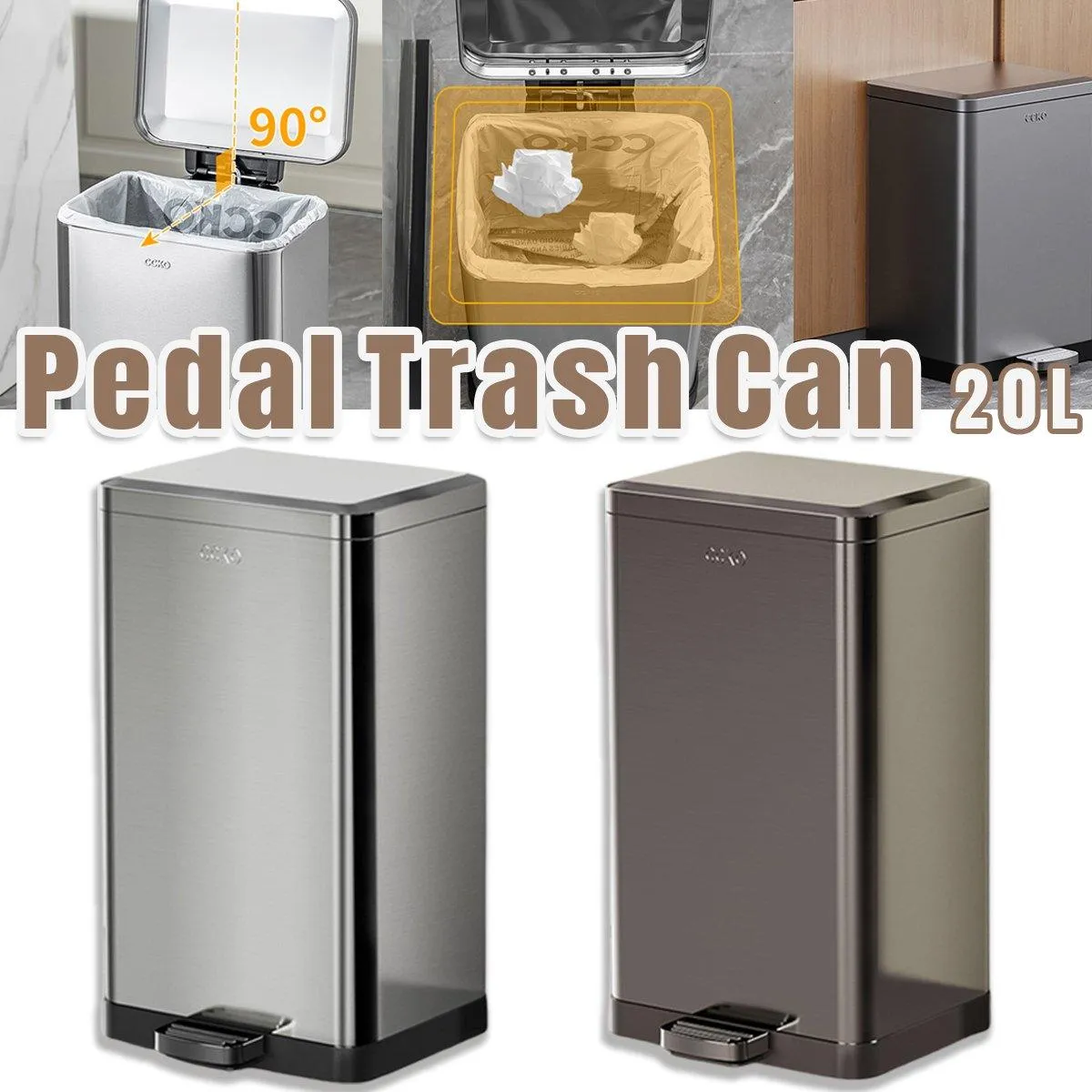 20L Rubbish Bin Foot Operated Household Trash Can with Lid Large Capacity