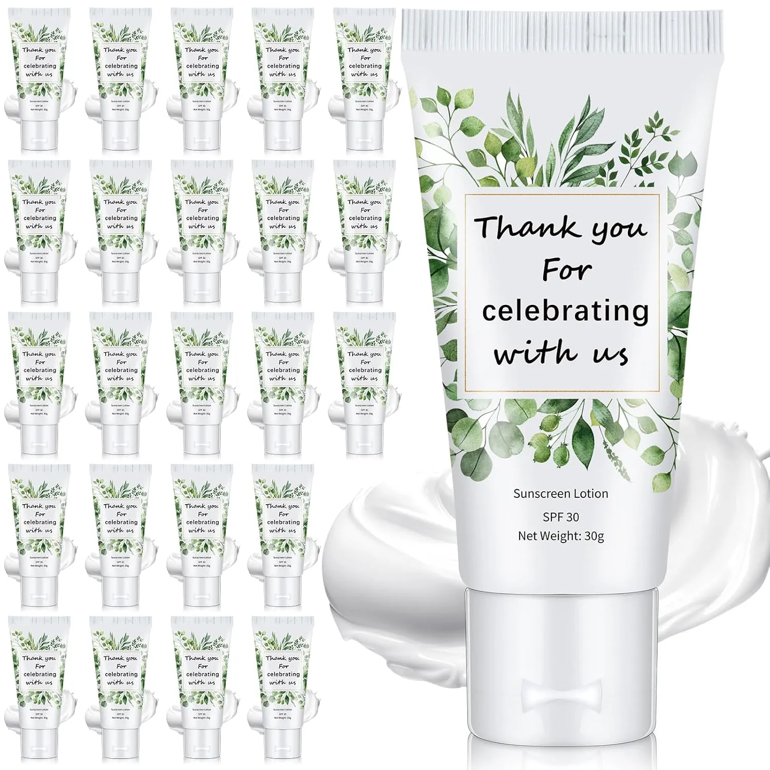 24 Pcs Mini Sunscreen Bulk for Summer Wedding Party Spf 30 Water Resistant Sunscreen Lotion Bulk 1oz Travel Size for Thank You Gifts Wedding Party Supplies(White Cream,Eucalyptus)