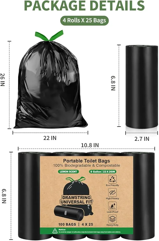 25 Portable Camping Toilet Bags Drawstring, 8 Gal Compost Portable Toilet Bags for Camping Potty Adults, Outdoor Waste Toilet Bag for 5 Gallon Bucket Toilet Camping Bathroom Travel Backpacking