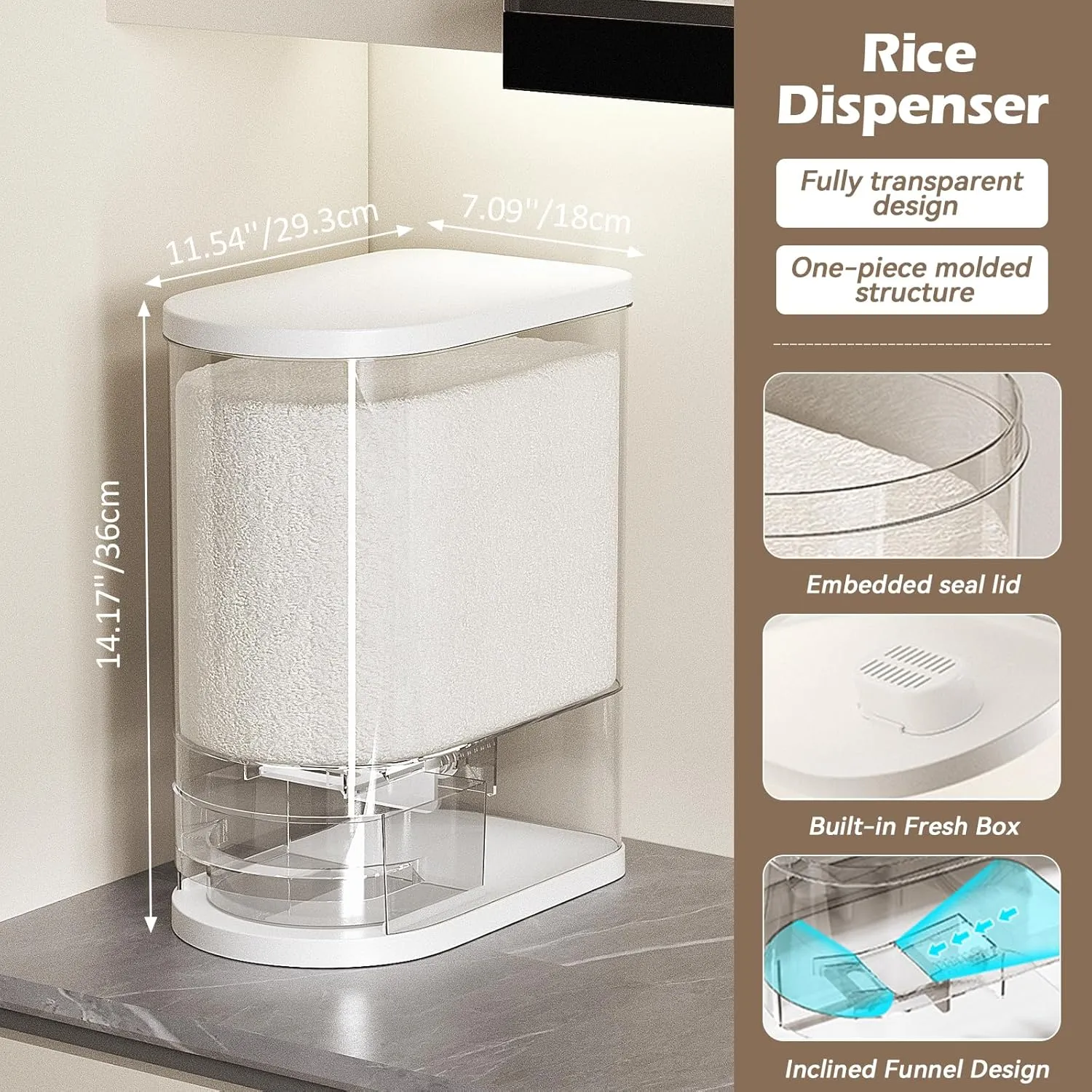 25Lbs Large Rice Dispenser, Cereal Grain Snack Storage Container Bucket with Measuring Cylinder Lid, Kitchen Household Moisture Proof Sealed Holder for Soybean (White, 25LBs)