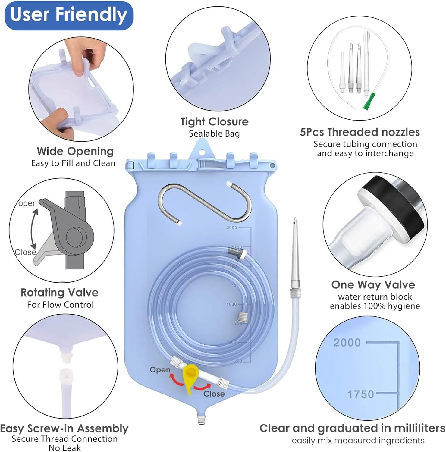 2L Enema Bucket Kit Colon Cleansing Silicone Enema Bag for Women Men 6Pcs Enema Nozzle Tips Colon Tube Hose Replacement, Clear Enema Kit Coffee Sealable Hot Water Bottle Shower Adult Kids Constipation
