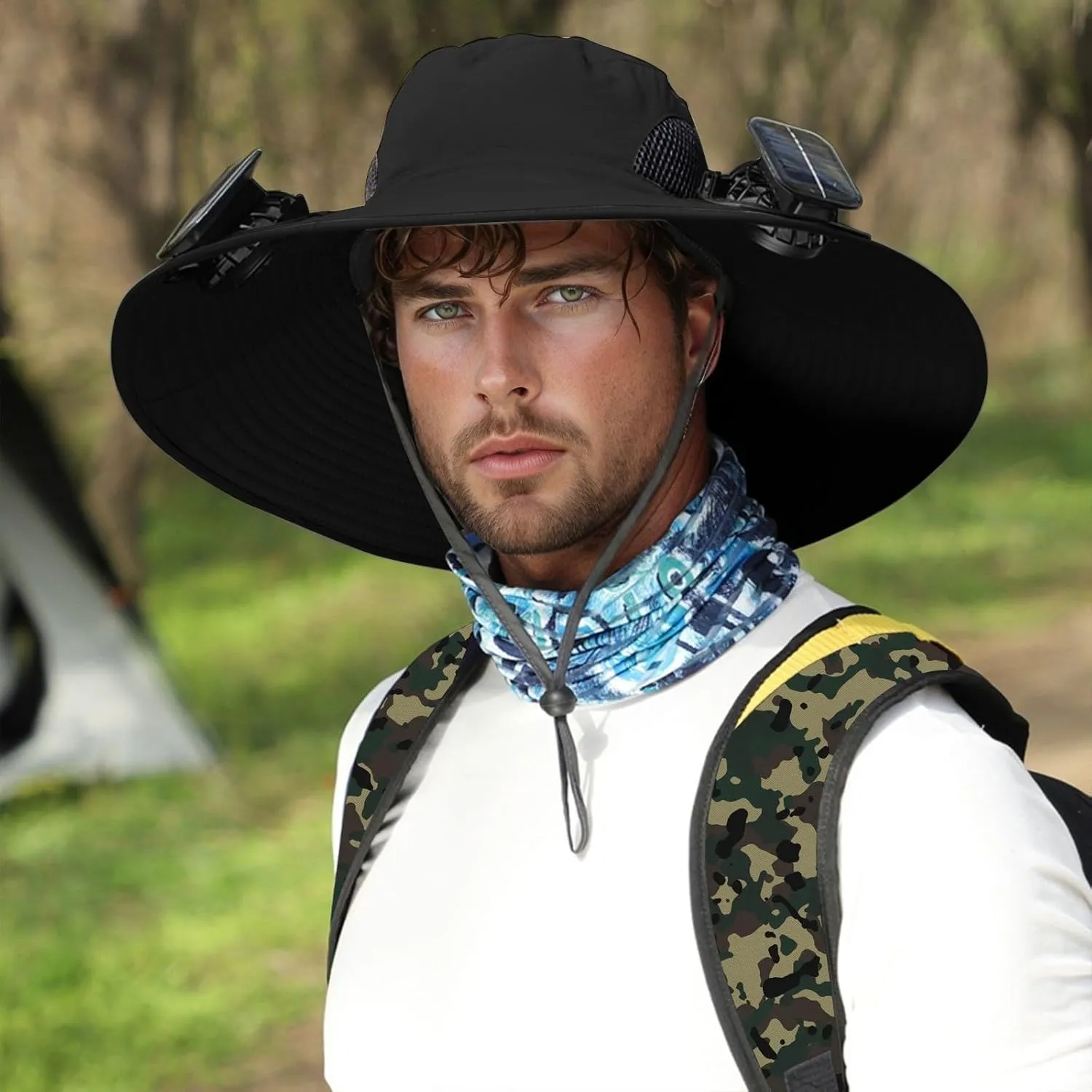 2PC Solar Hat with Built in Fan, Wide Brim Solar Fan Hat Outdoor Fishing, UPF 50  Summer Quick-Dry Hats for Men Women