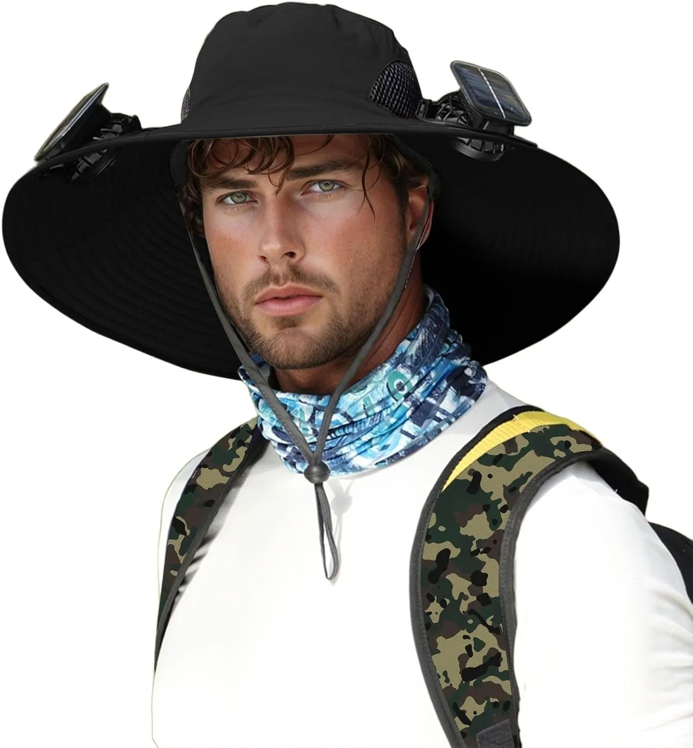 2PC Solar Hat with Built in Fan, Wide Brim Solar Fan Hat Outdoor Fishing, UPF 50  Summer Quick-Dry Hats for Men Women