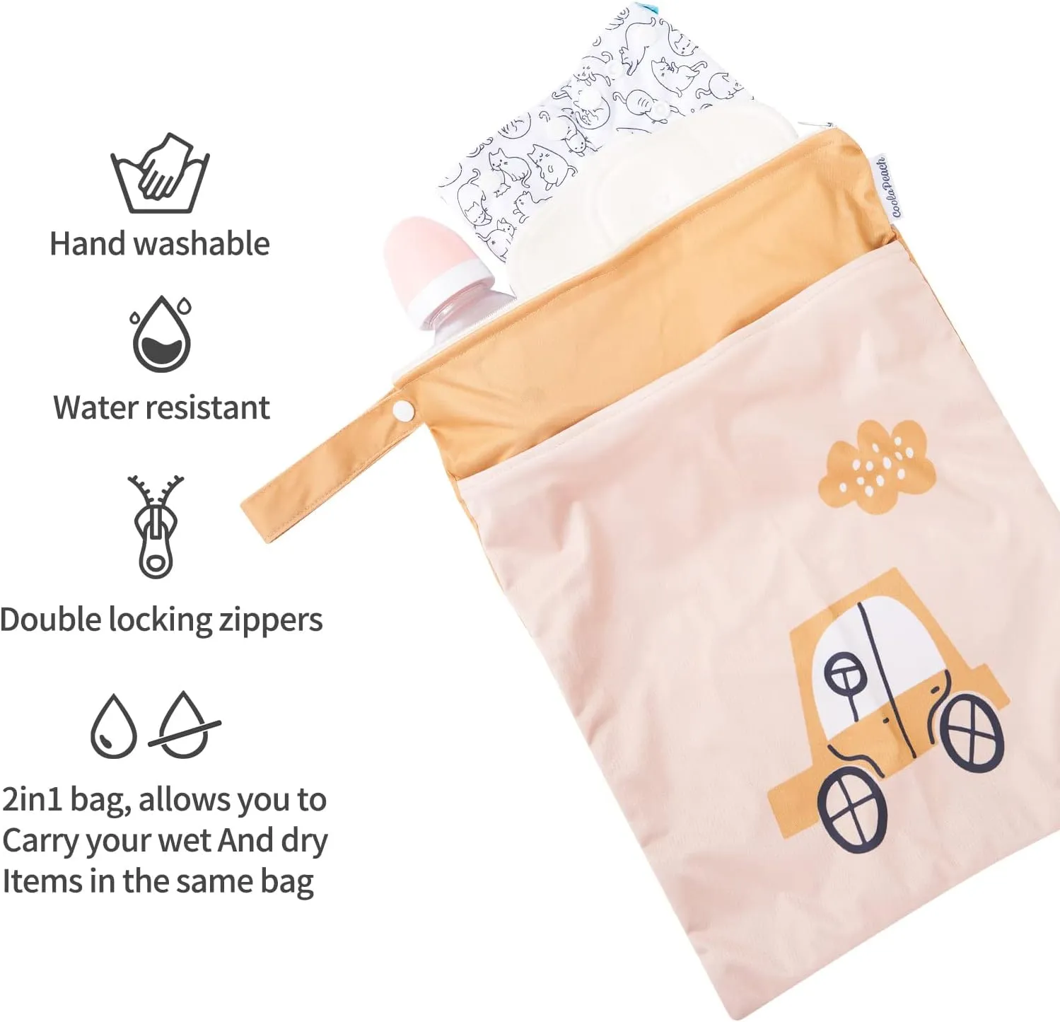 2pcs Cloth Diaper Wet Dry Bags Waterproof Reusable with Two Zippered Pockets Travel Beach Pool Daycare Soiled Baby Items Yoga Gym Bag for Swimsuits or Wet Clothes (Vehicle)
