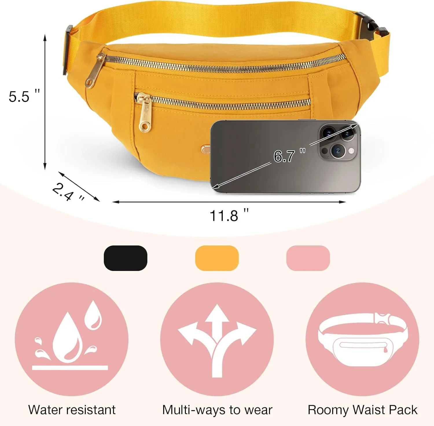 3 Pcs Waterproof Fanny Packs for Women and Men Waist Pack with Adjustable Strap Waist Pouch for Sports Running Exercise Walking Travel
