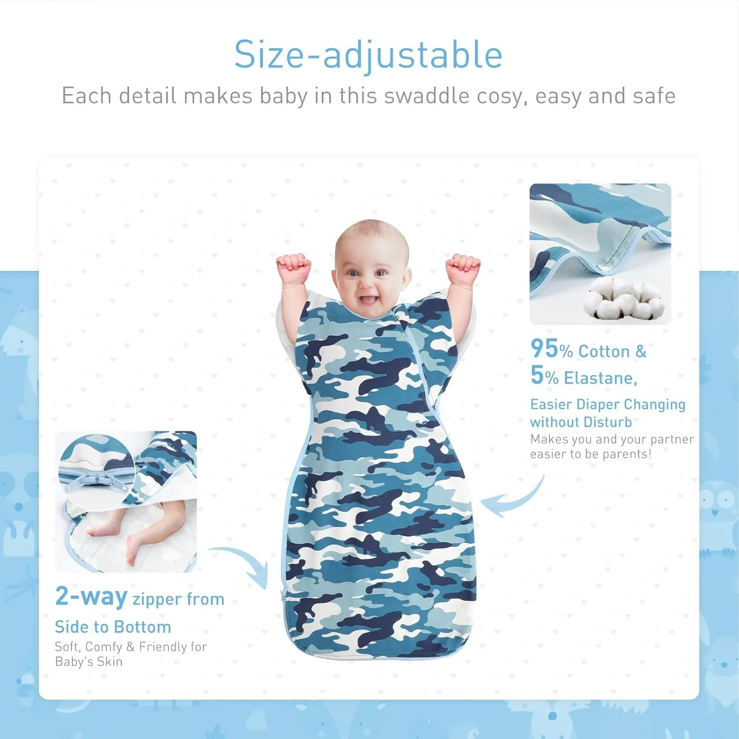 3-Way Wearable Swaddle Blankets Sleep Sacks with Arms Up, Hands Up Sleeping Sack Easy Diaper Changing Sleeping Bag for Baby Boy Girl Newborns Transitions to Arms-Free Calms Startle Reflex