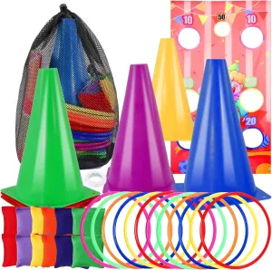 32 PCS 4 in 1 Outdoor Carnival Games Set,Cones Ring Toss Game for Kids Birthday Party Indoor Outdoor Game Supplies,Plastic Toss Ring Set Includes Cones Bean Bags Rings and Target Poster