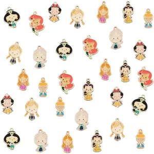32pcs Enamel Princess Charms - Mini Size Cute Cartoon Girl Mermaid Princess Charms for Jewelry Making DIY Necklace Bracelet Earrings Keychains Handbags Decoration, 8 Styles