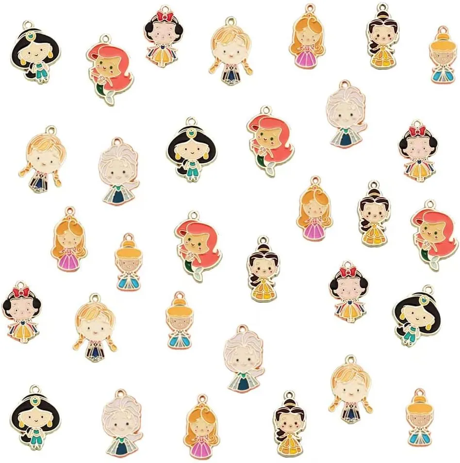 32pcs Enamel Princess Charms - Mini Size Cute Cartoon Girl Mermaid Princess Charms for Jewelry Making DIY Necklace Bracelet Earrings Keychains Handbags Decoration, 8 Styles