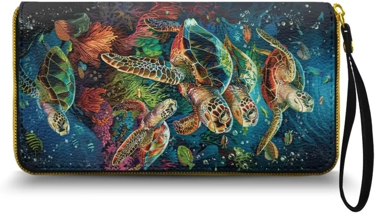 3D Sea Turtle Leather Wristlet Handbag for Women Casual Clutch Purse Zipper Wallet with Card Holder, Long Slim Wallet Phone Case for Shopping Work Party, Blue and Green