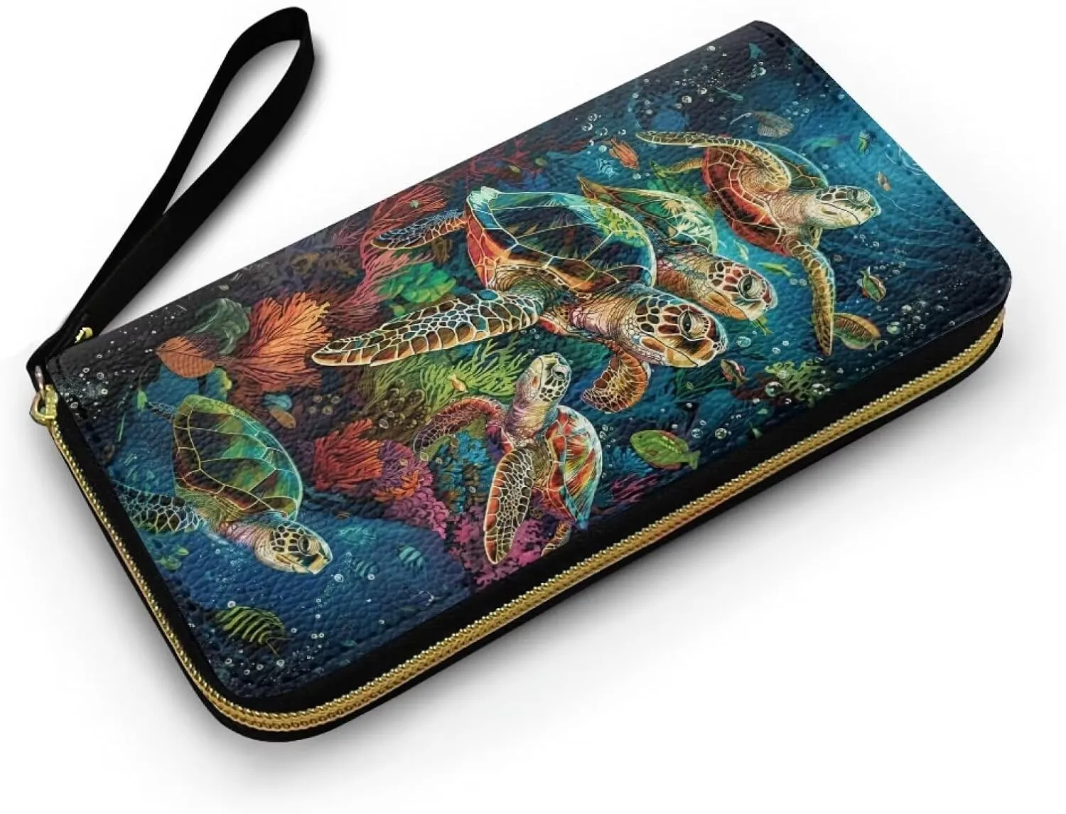 3D Sea Turtle Leather Wristlet Handbag for Women Casual Clutch Purse Zipper Wallet with Card Holder, Long Slim Wallet Phone Case for Shopping Work Party, Blue and Green
