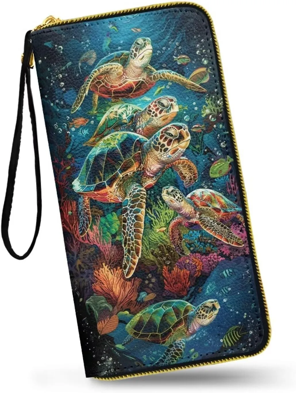 3D Sea Turtle Leather Wristlet Handbag for Women Casual Clutch Purse Zipper Wallet with Card Holder, Long Slim Wallet Phone Case for Shopping Work Party, Blue and Green