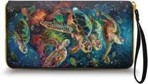 3D Sea Turtle Leather Wristlet Handbag for Women Casual Clutch Purse Zipper Wallet with Card Holder, Long Slim Wallet Phone Case for Shopping Work Party, Blue and Green