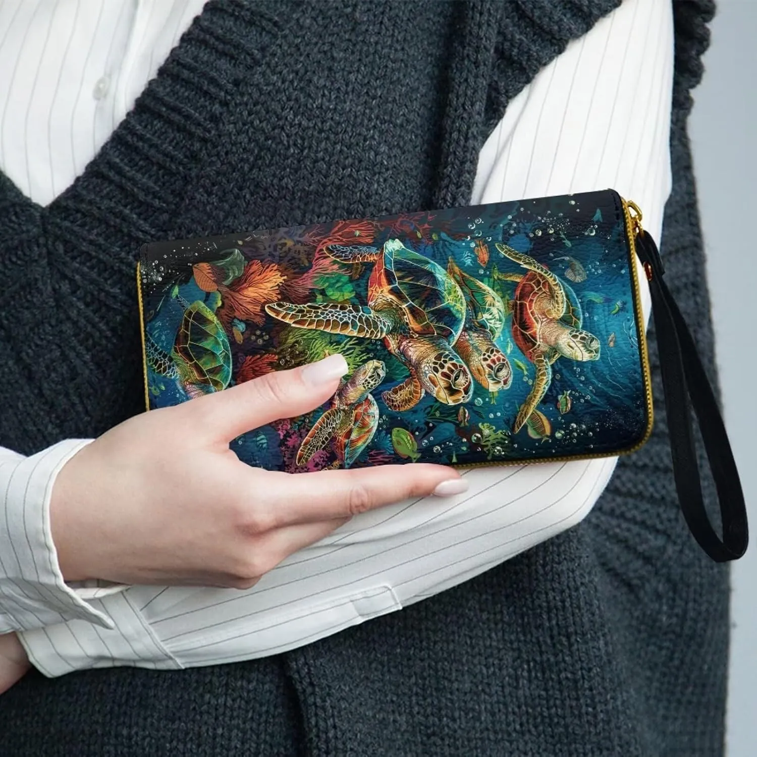 3D Sea Turtle Leather Wristlet Handbag for Women Casual Clutch Purse Zipper Wallet with Card Holder, Long Slim Wallet Phone Case for Shopping Work Party, Blue and Green