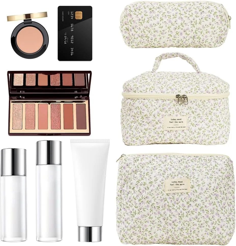 3PCS Makeup Bag for Women Quilted Cotton Make Up Bag Travel Cosmetic Bag Large Cute Makeup Bag Organizer Floral Toiletry Bag Makeup Pouch for Purse