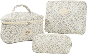3PCS Makeup Bag for Women Quilted Cotton Make Up Bag Travel Cosmetic Bag Large Cute Makeup Bag Organizer Floral Toiletry Bag Makeup Pouch for Purse