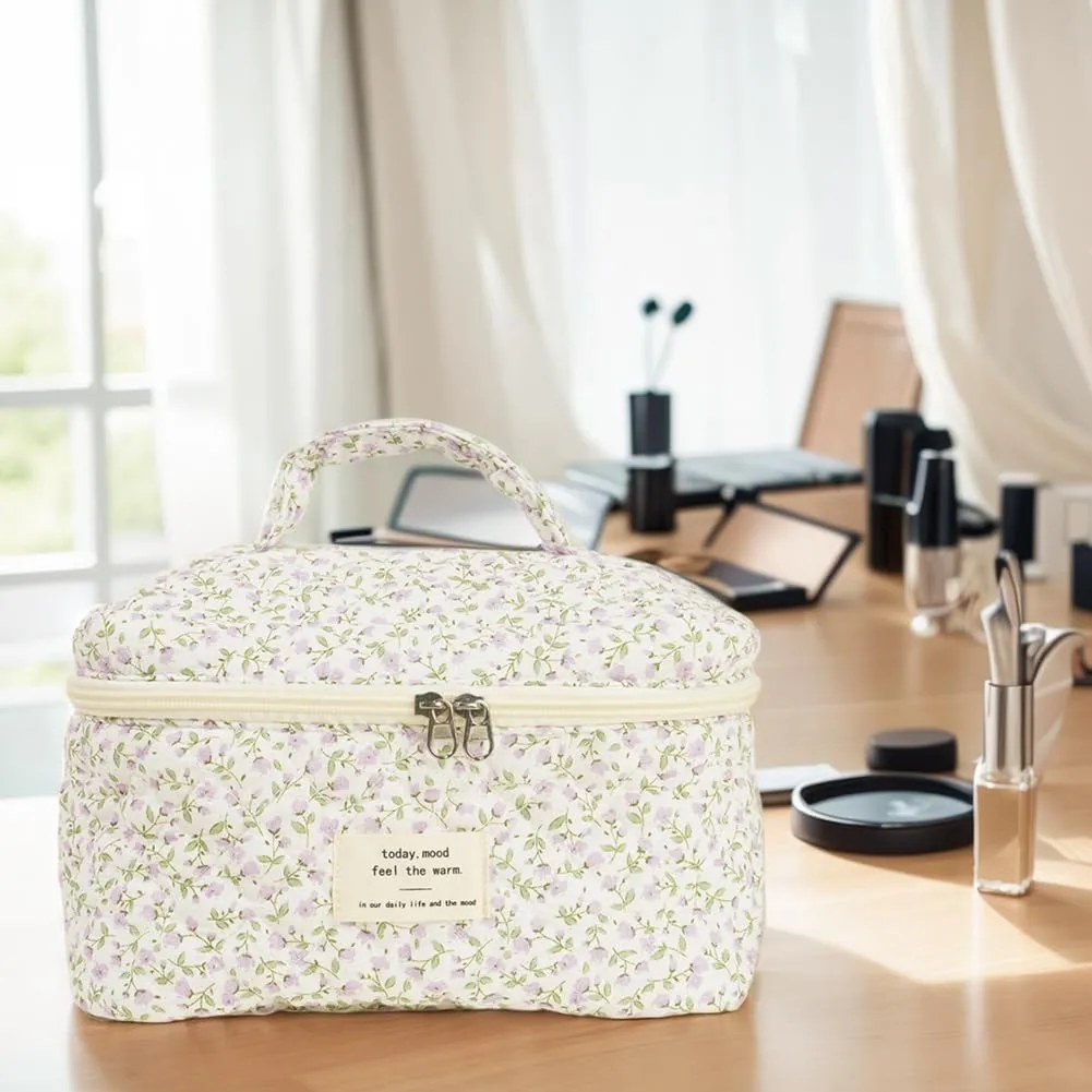 3PCS Makeup Bag for Women Quilted Cotton Make Up Bag Travel Cosmetic Bag Large Cute Makeup Bag Organizer Floral Toiletry Bag Makeup Pouch for Purse