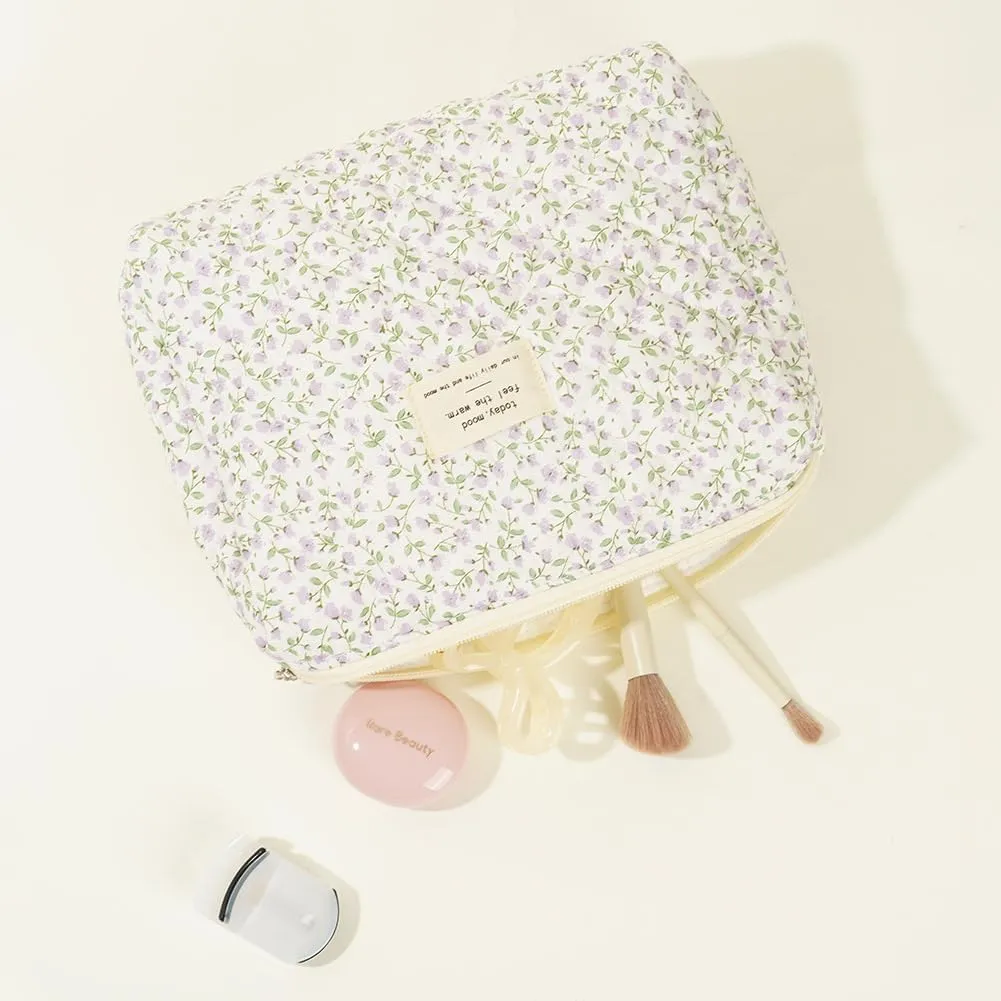 3PCS Makeup Bag for Women Quilted Cotton Make Up Bag Travel Cosmetic Bag Large Cute Makeup Bag Organizer Floral Toiletry Bag Makeup Pouch for Purse
